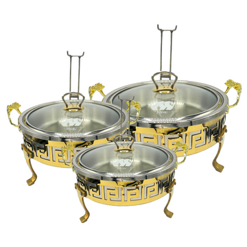 Set of 3 Buffet Serving Dishes with Lid, Stand & Burner-Stainless Steel